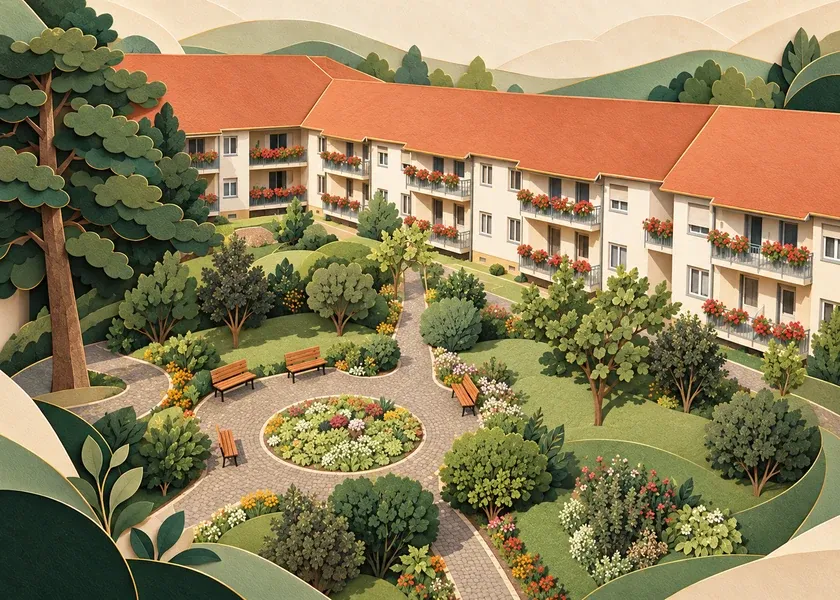 Layered paper illustration of the Dr. Carl Wolff buildings and courtyard.