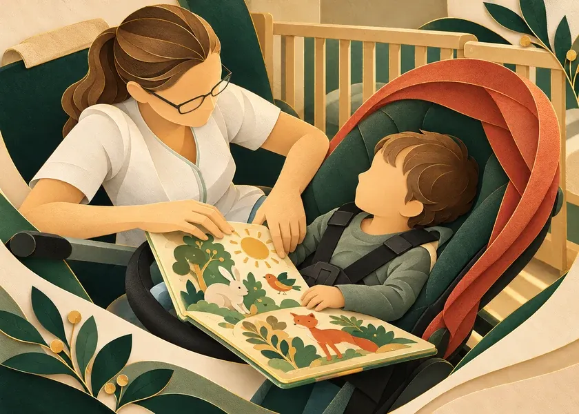Papierillustration: Eine Betreuerin liest gemeinsam mit einem Kind im Hospiz ein Bilderbuch.