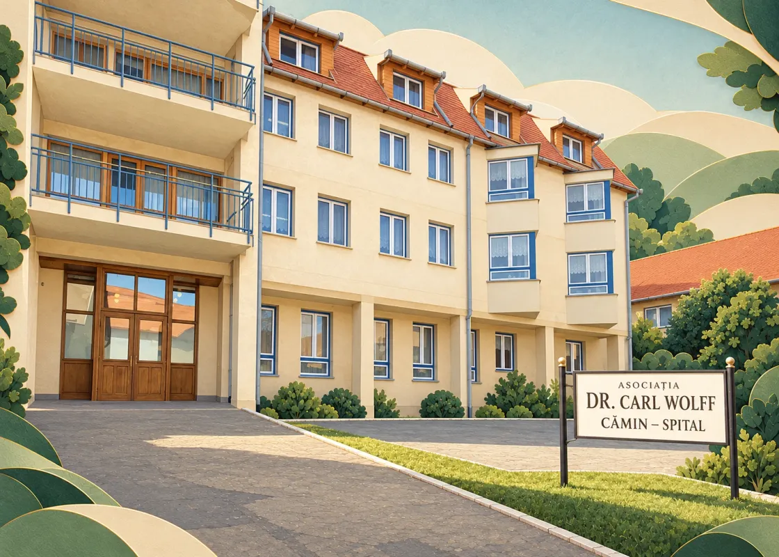 Illustration of the Dr. Carl Wolff main entrance: wooden doors on the left, a cream facade with blue window frames, and the association’s sign on the right.