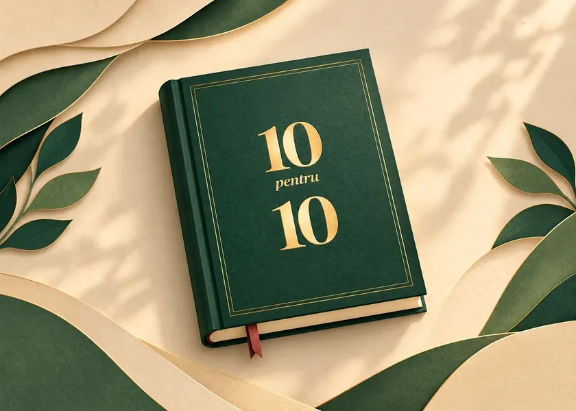 Illustration des Buchs „10 pentru 10“ mit grünem Einband und goldenen Details zwischen Papierschichten.